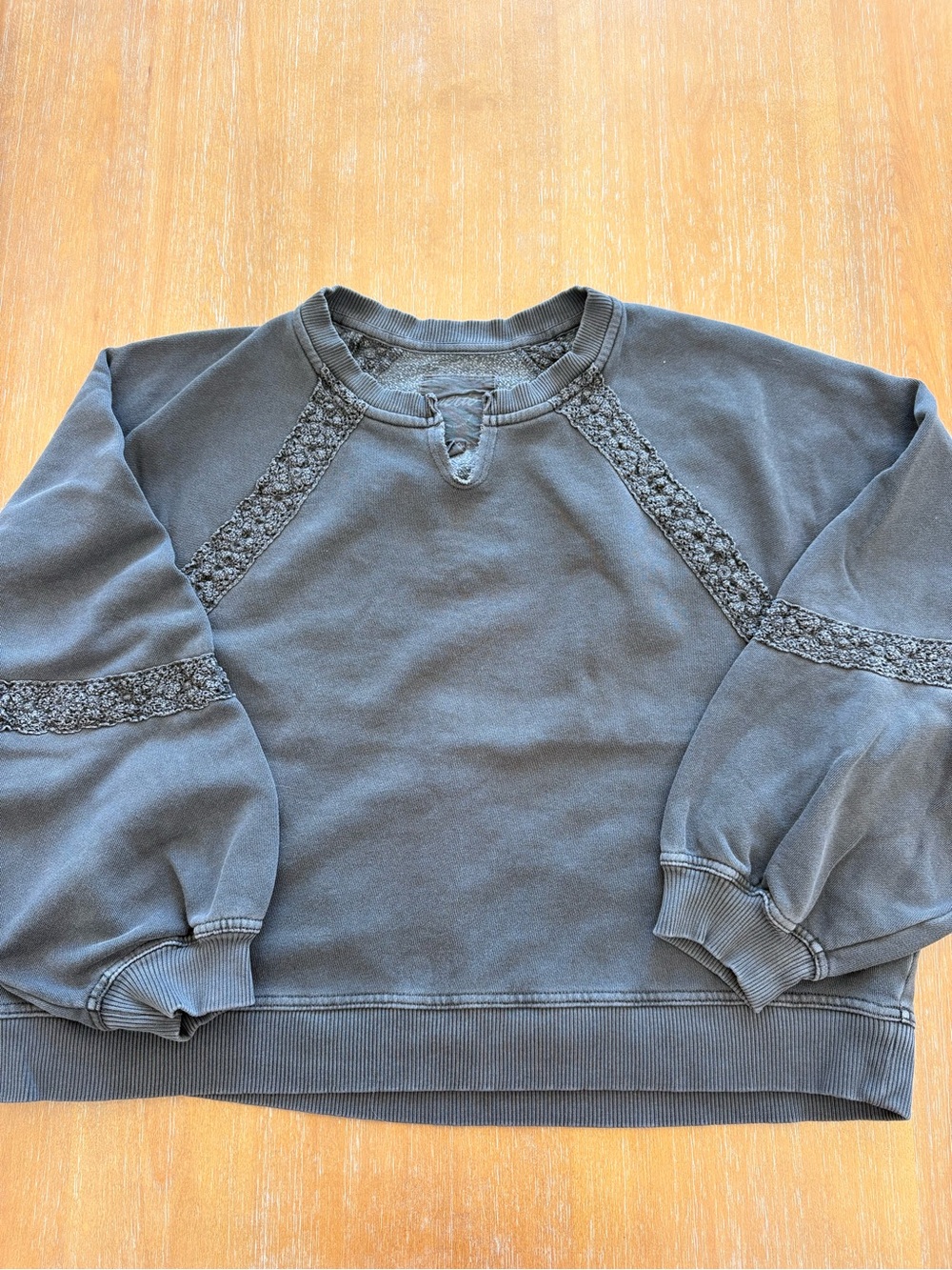 aerie Washed Charcoal Lace-Trim Crewneck Sweatshirt